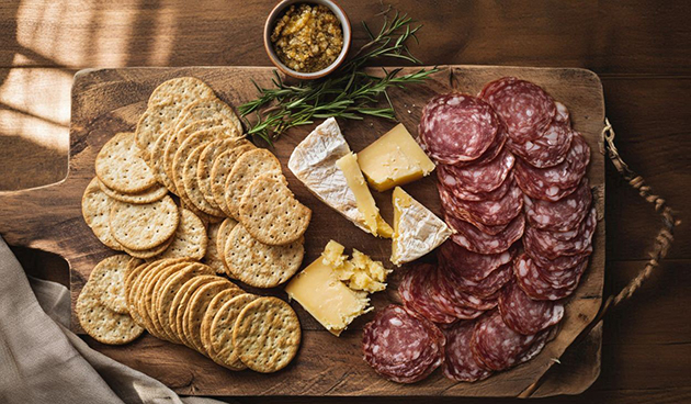 Крекеры, сыр и колбаса