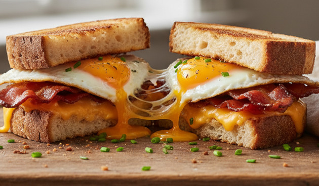 Горячий бутерброд с яичницей, беконом и сыром